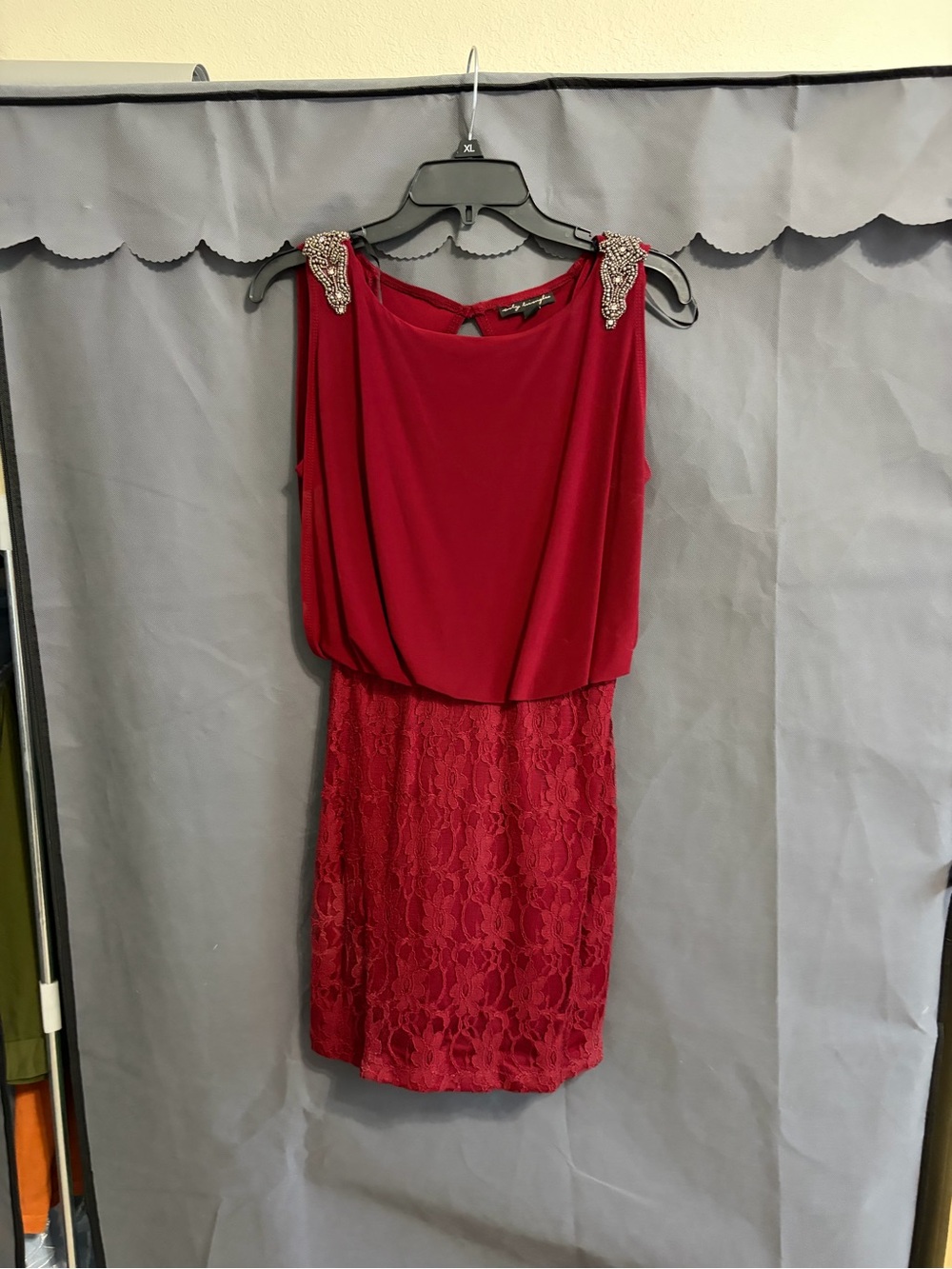 City Triangles Red Lace & Jeweled Shoulder Mini Dress